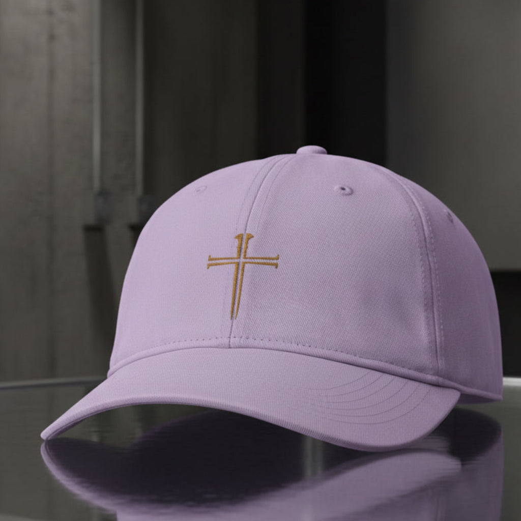 Split Nail Cross Cap in Orchid (lilac) — split nail cross, crucifixion, Comfort Colors CCWC0 washed christian cap