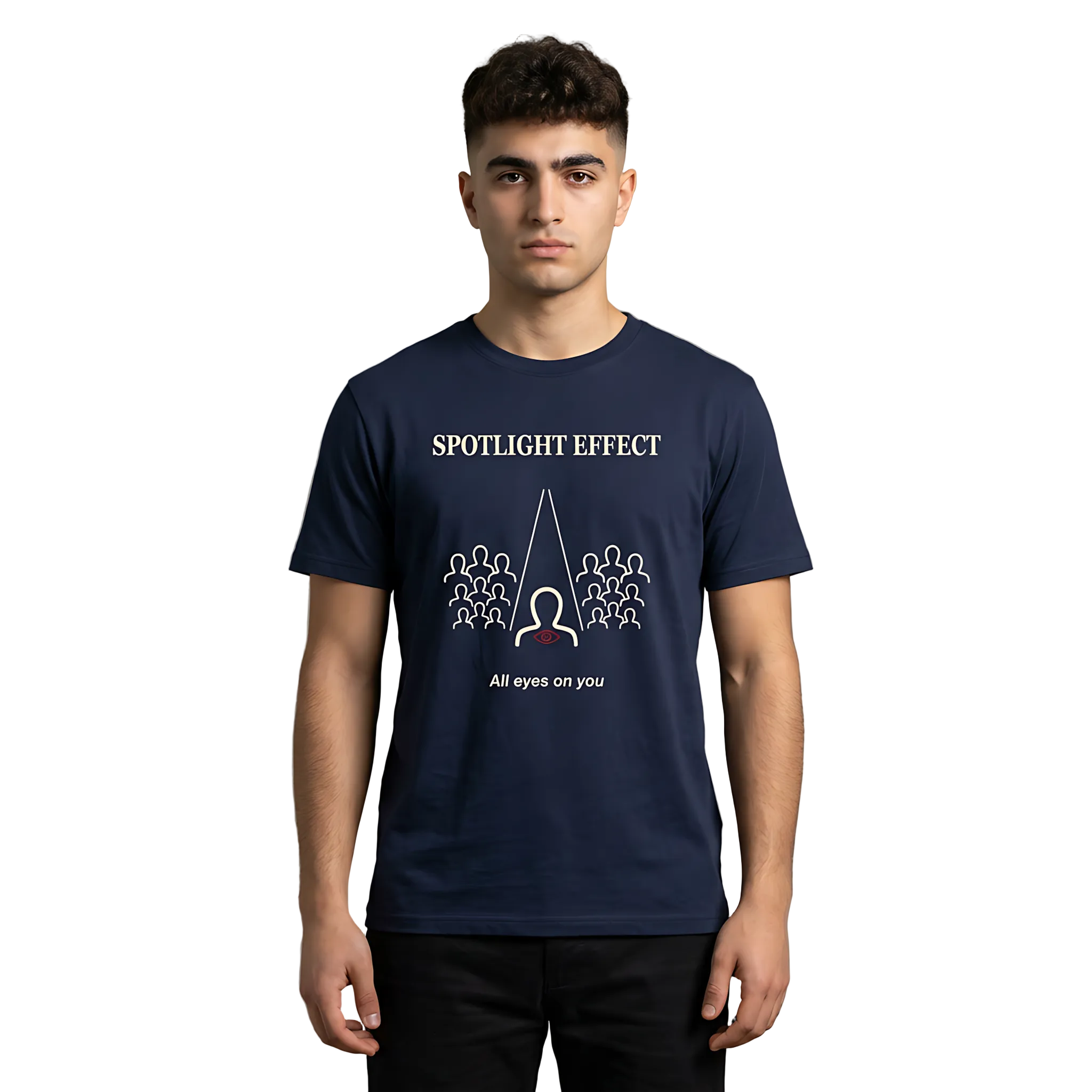 Person wearing a navy blue t-shirt with 'Spotlight Effect' design on a gray background