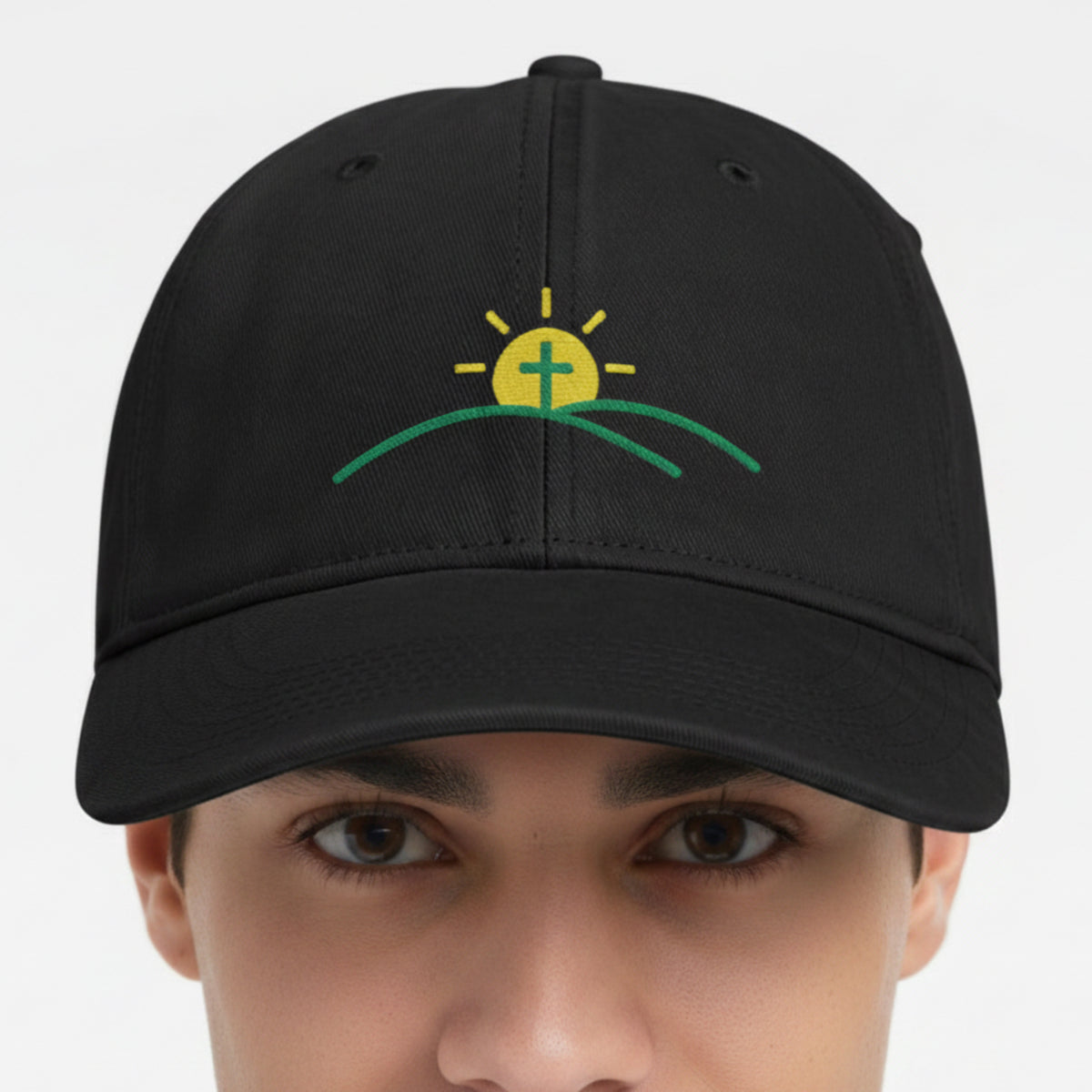 Model wearing the Sun And Cross Cap in Black — sunrise cross, new day, Comfort Colors CCWC0 washed christian cap