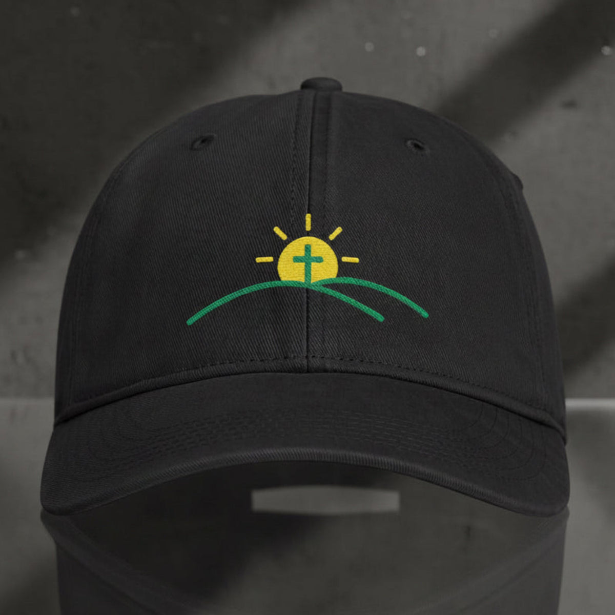 Sun And Cross Cap in Black — sunrise cross, new day, Comfort Colors CCWC0 washed christian cap