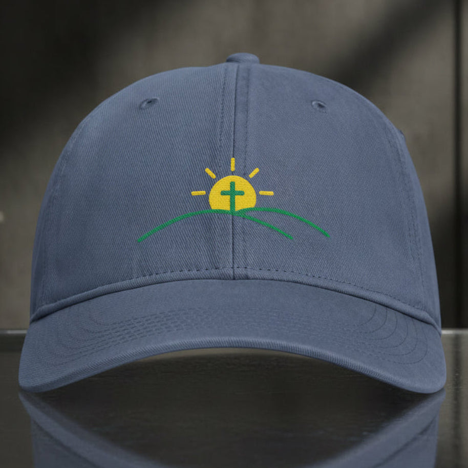 Sun And Cross Cap in Blue Jean (slate blue) — sunrise cross, new day, Comfort Colors CCWC0 washed christian cap