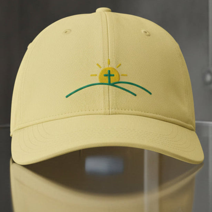 Sun And Cross Cap in Butter (pale yellow) — sunrise cross, new day, Comfort Colors CCWC0 washed christian cap