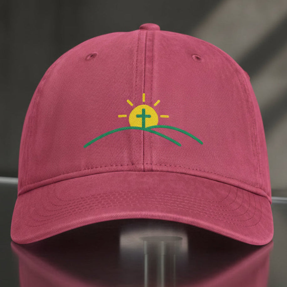 Sun And Cross Cap in Crimson (washed red) — sunrise cross, new day, Comfort Colors CCWC0 washed christian cap