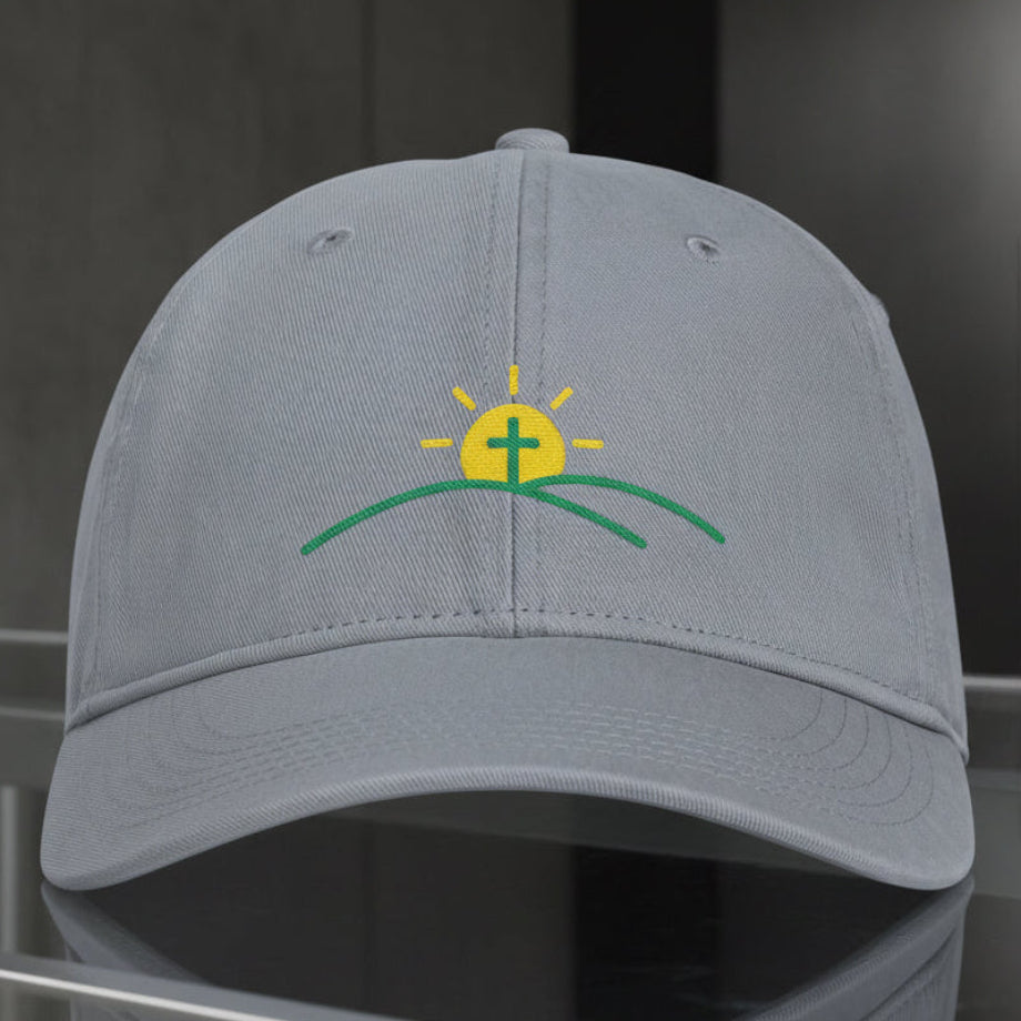 Sun And Cross Cap in Granite (grey) — sunrise cross, new day, Comfort Colors CCWC0 washed christian cap