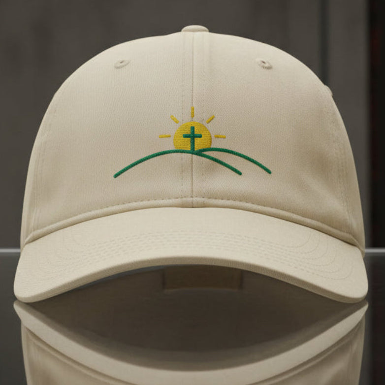 Sun And Cross Cap in Ivory (cream) — sunrise cross, new day, Comfort Colors CCWC0 washed christian cap