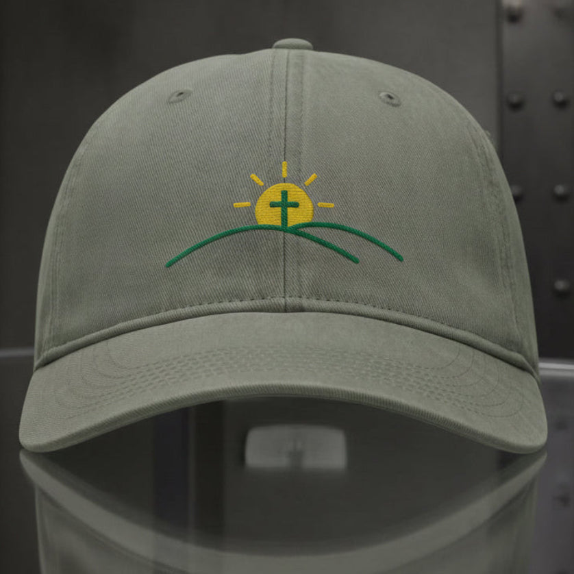 Sun And Cross Cap in Sandstone (tan) — sunrise cross, new day, Comfort Colors CCWC0 washed christian cap