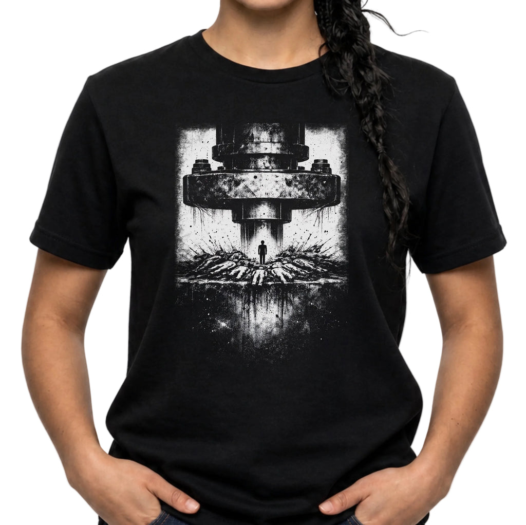 Black t-shirt with a graphic design of a large mechanical object and a person standing below on a white background.