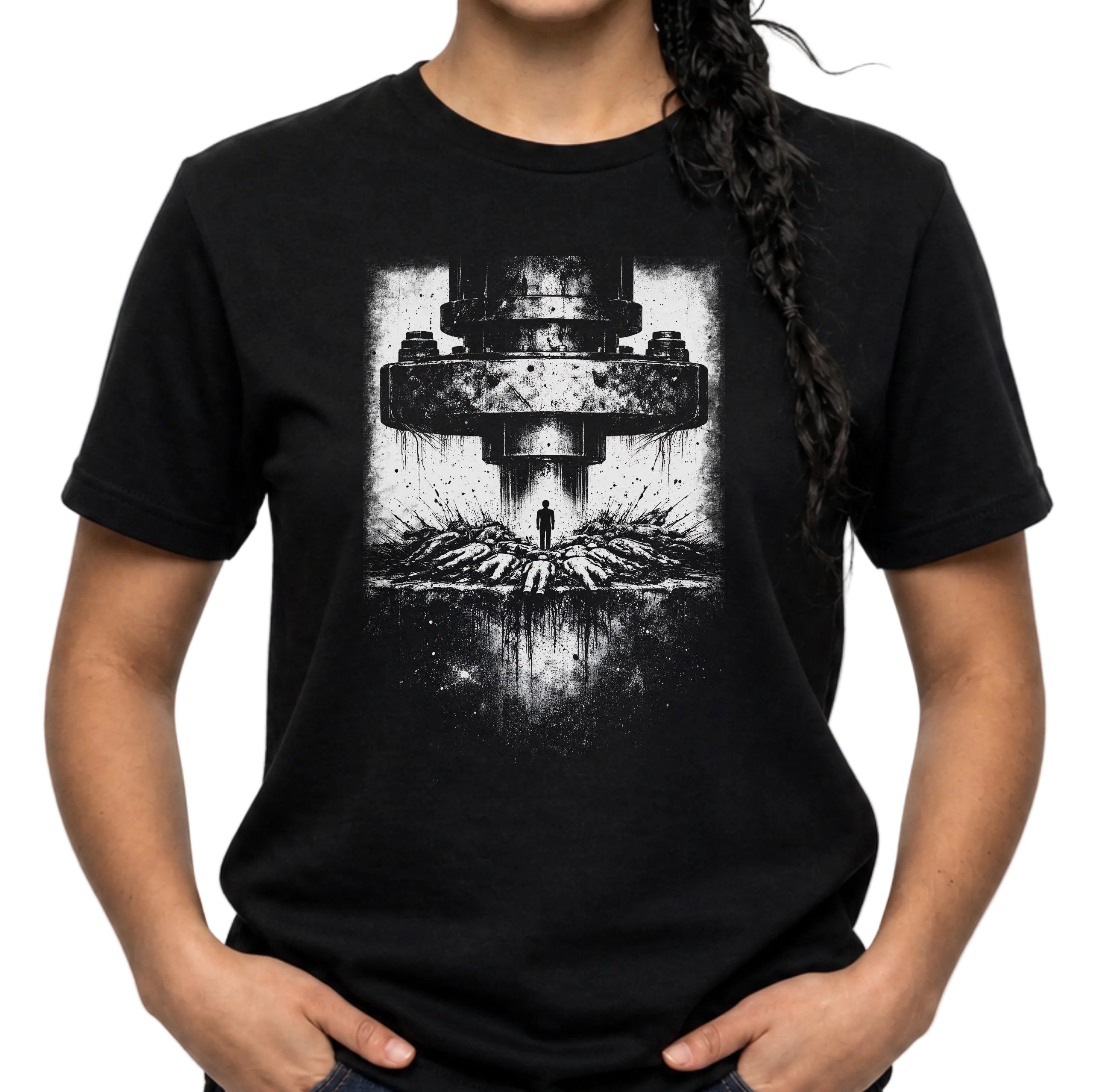 Black t-shirt with a graphic design of a large mechanical object and a person standing below on a white background.
