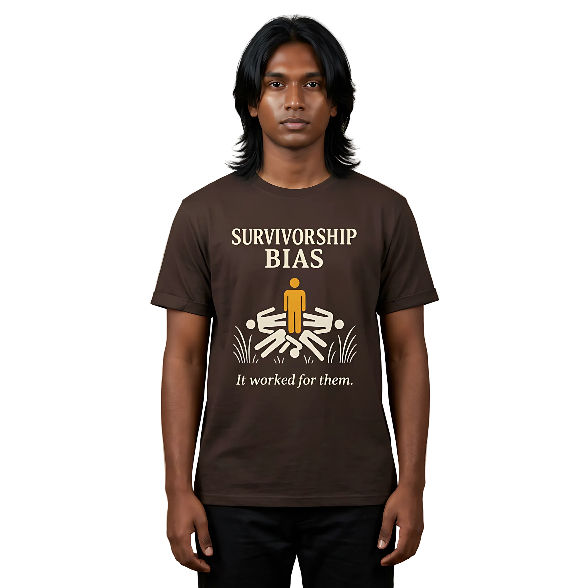 Person wearing a brown t-shirt with 'Survivorship Bias' graphic and text on a beige background