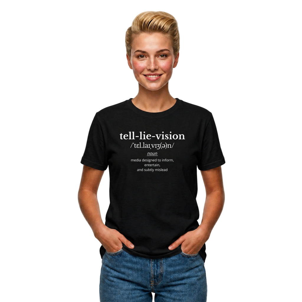 Minimalist black Tell Lie Vision T-shirt with dictionary-style wordplay and sharp media satire. A clean text-based graphic tee for thinkers and sceptics.