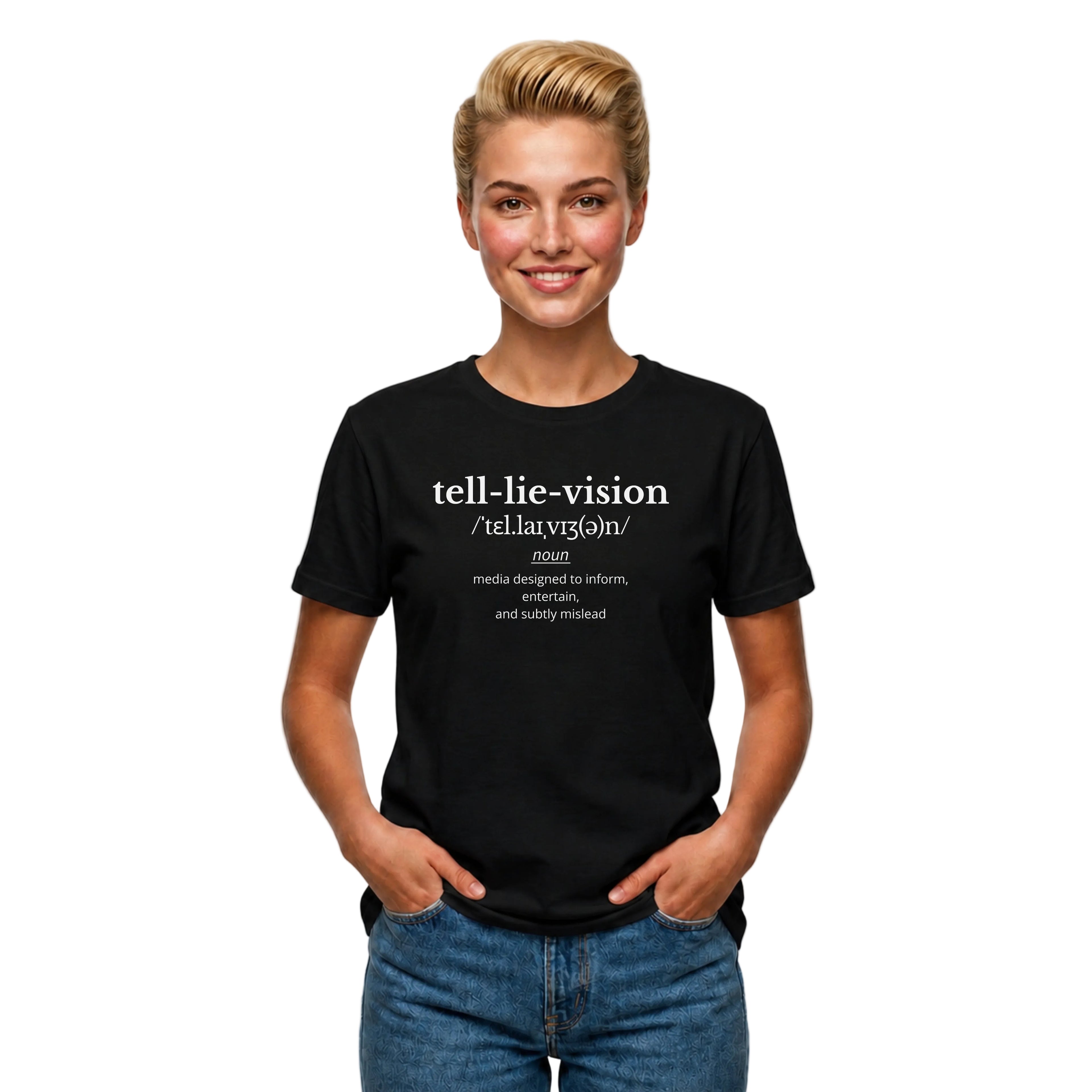 Minimalist black Tell Lie Vision T-shirt with dictionary-style wordplay and sharp media satire. A clean text-based graphic tee for thinkers and sceptics.