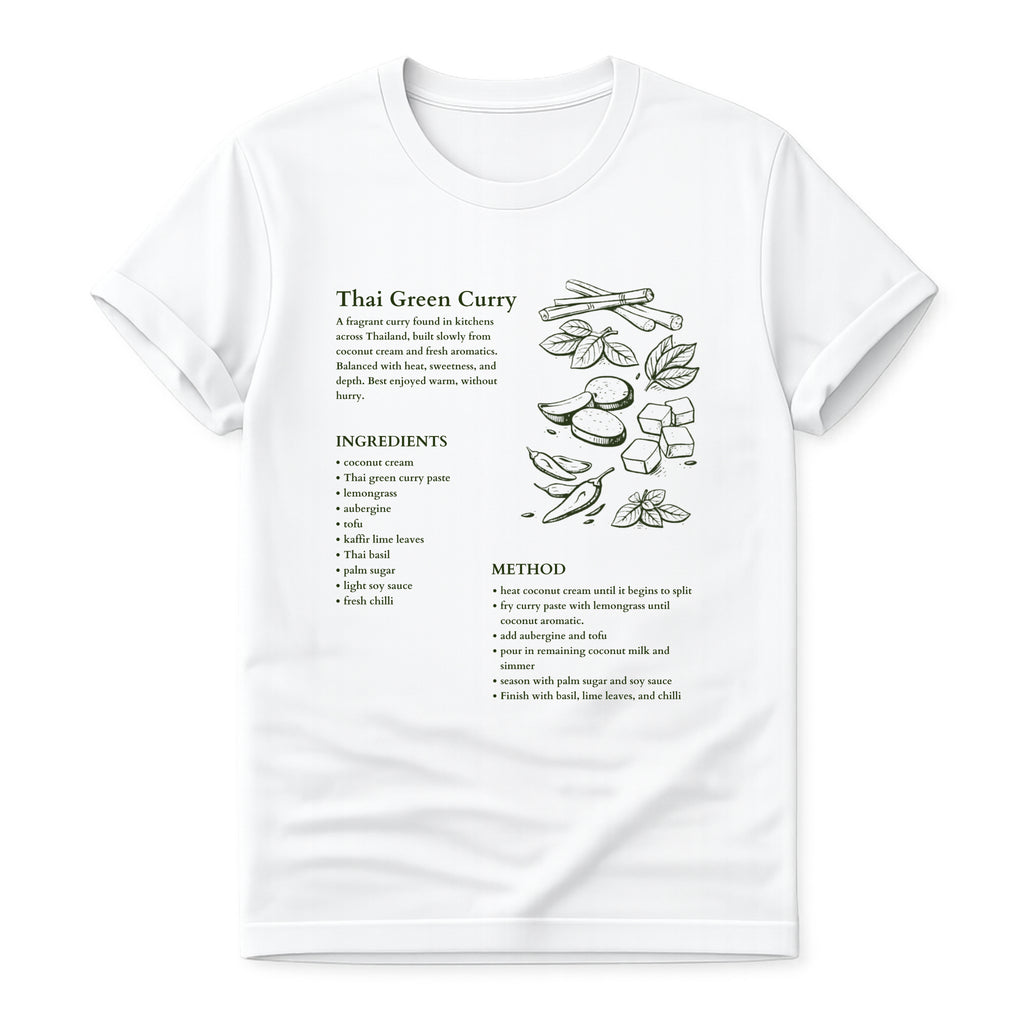 White Gildan 64000 T-shirt with Thai green curry recipe graphic, hand-drawn ingredients, method notes and spice sketch artwork.