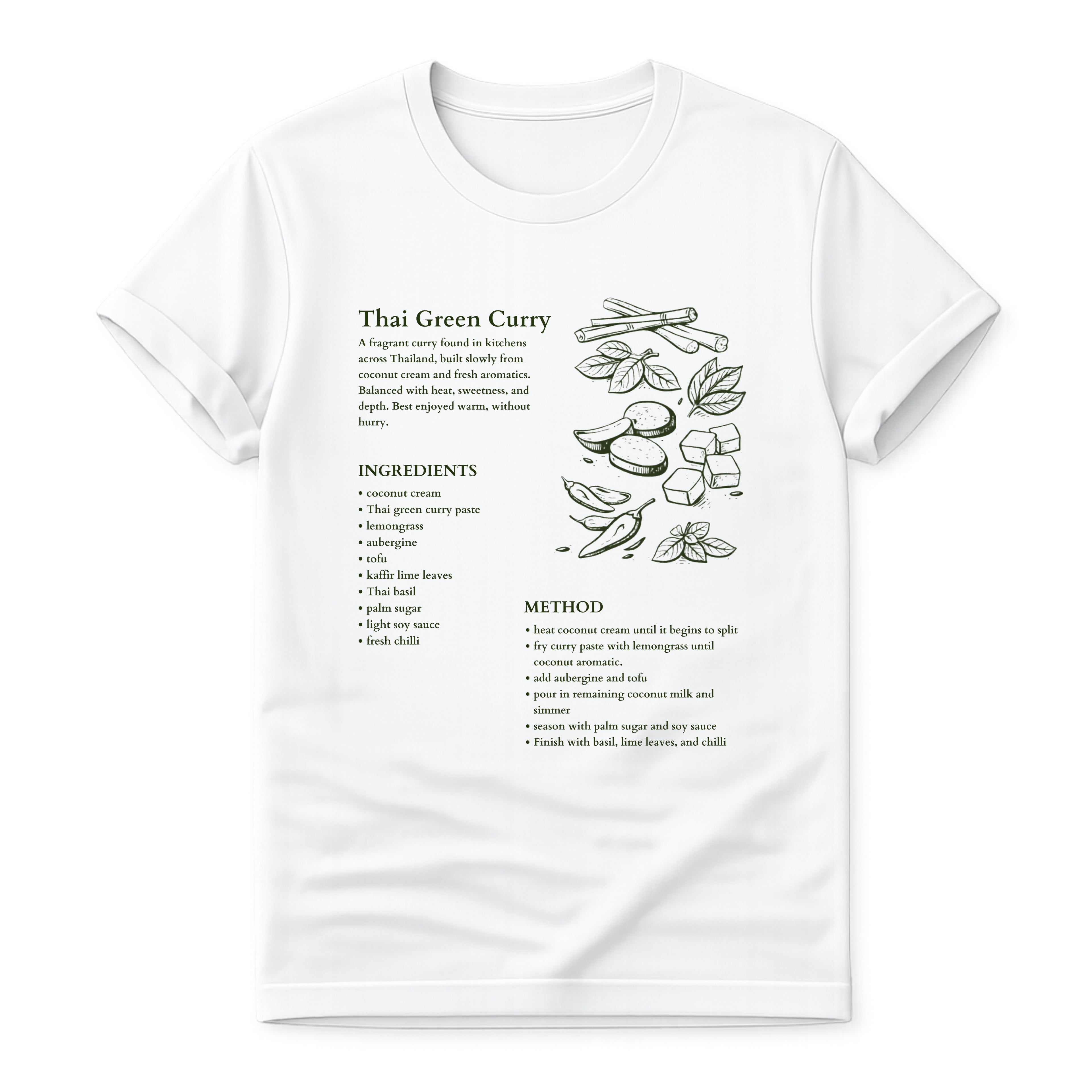 White Gildan 64000 T-shirt with Thai green curry recipe graphic, hand-drawn ingredients, method notes and spice sketch artwork.