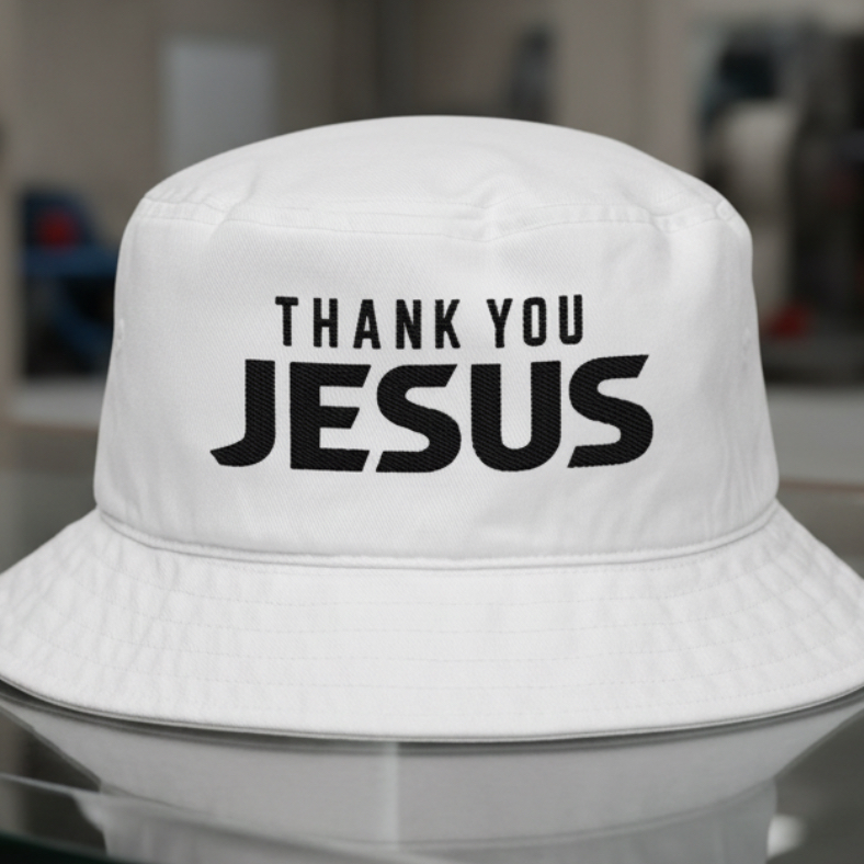 Thank You Jesus Bucket Hat in White, embroidery close-up — thank you jesus, gratitude, Big Accessories BX003 christian bucket hat