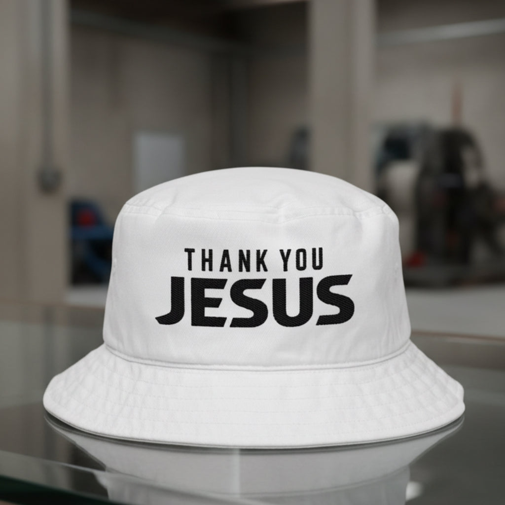 Thank You Jesus Bucket Hat in White — thank you jesus, gratitude, Big Accessories BX003 christian bucket hat