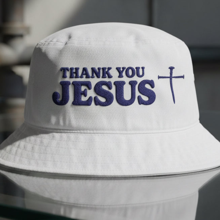 Thank You Jesus Cross Bucket Hat in White, embroidery close-up — thank you jesus, cross, Big Accessories BX003 christian bucket hat
