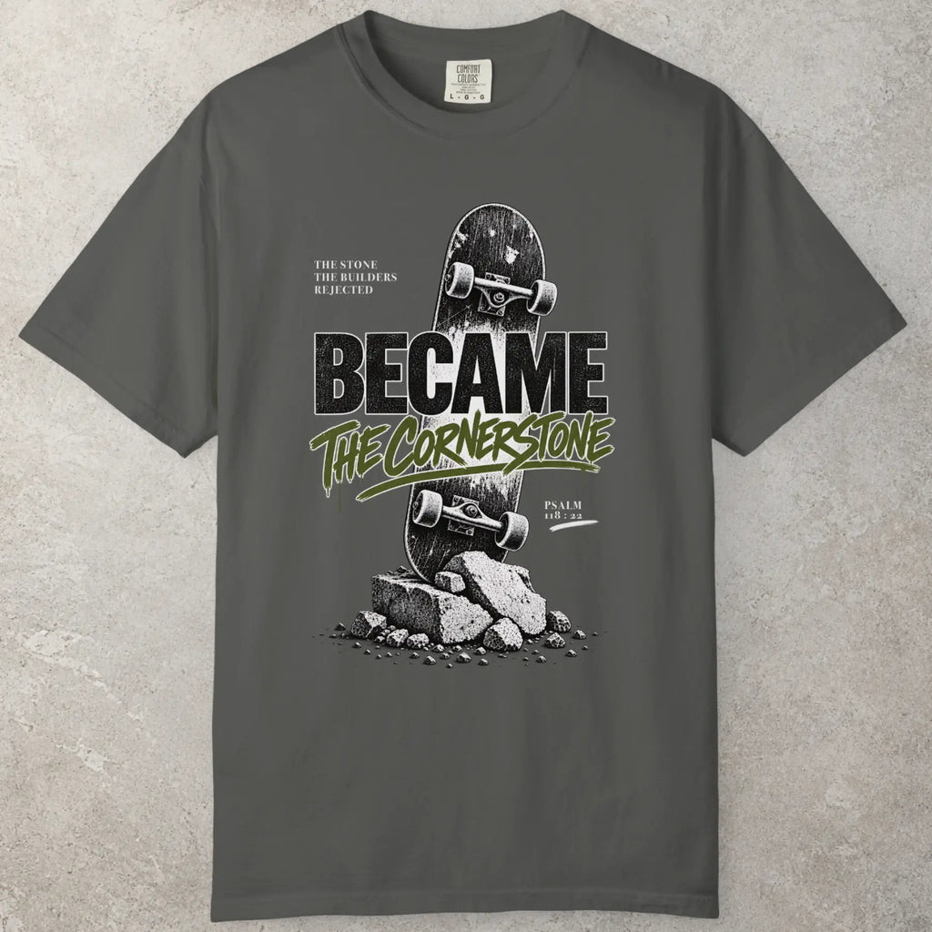 The Cornerstone Faith T-Shirt in Pepper (charcoal grey) — Psalm 118:22, Scripture shirt, Comfort Colors 1717 unisex christian faith tee