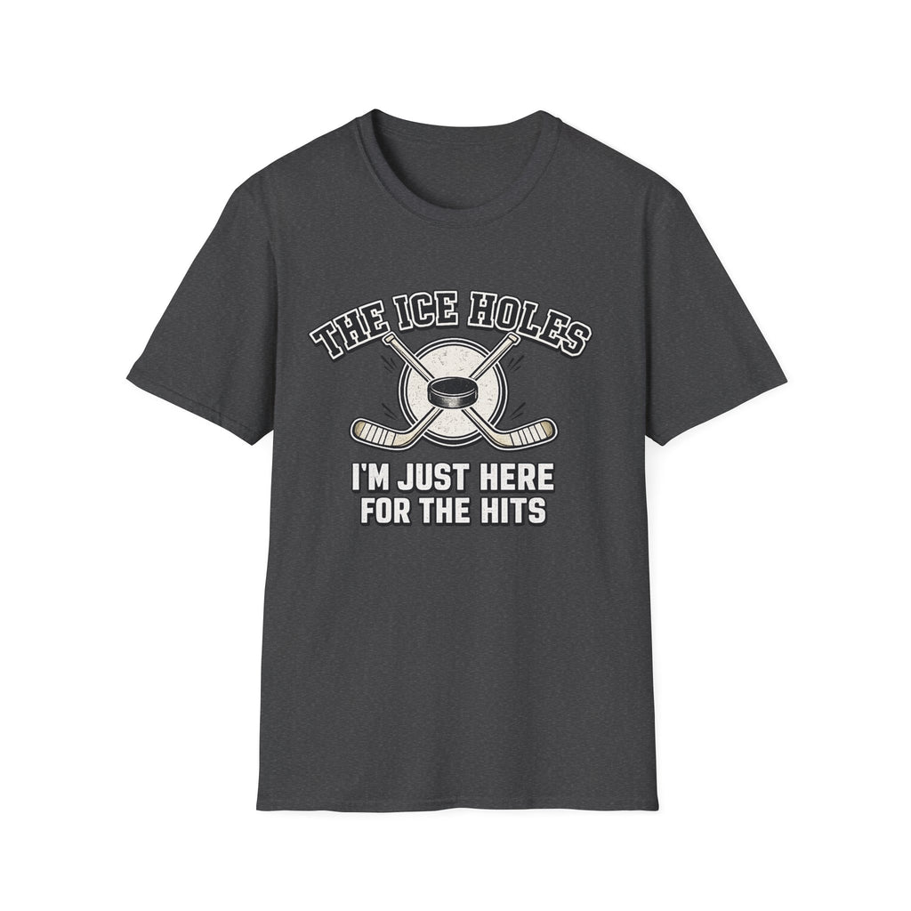 dark heather t-shirt with white graphic and text on a white background