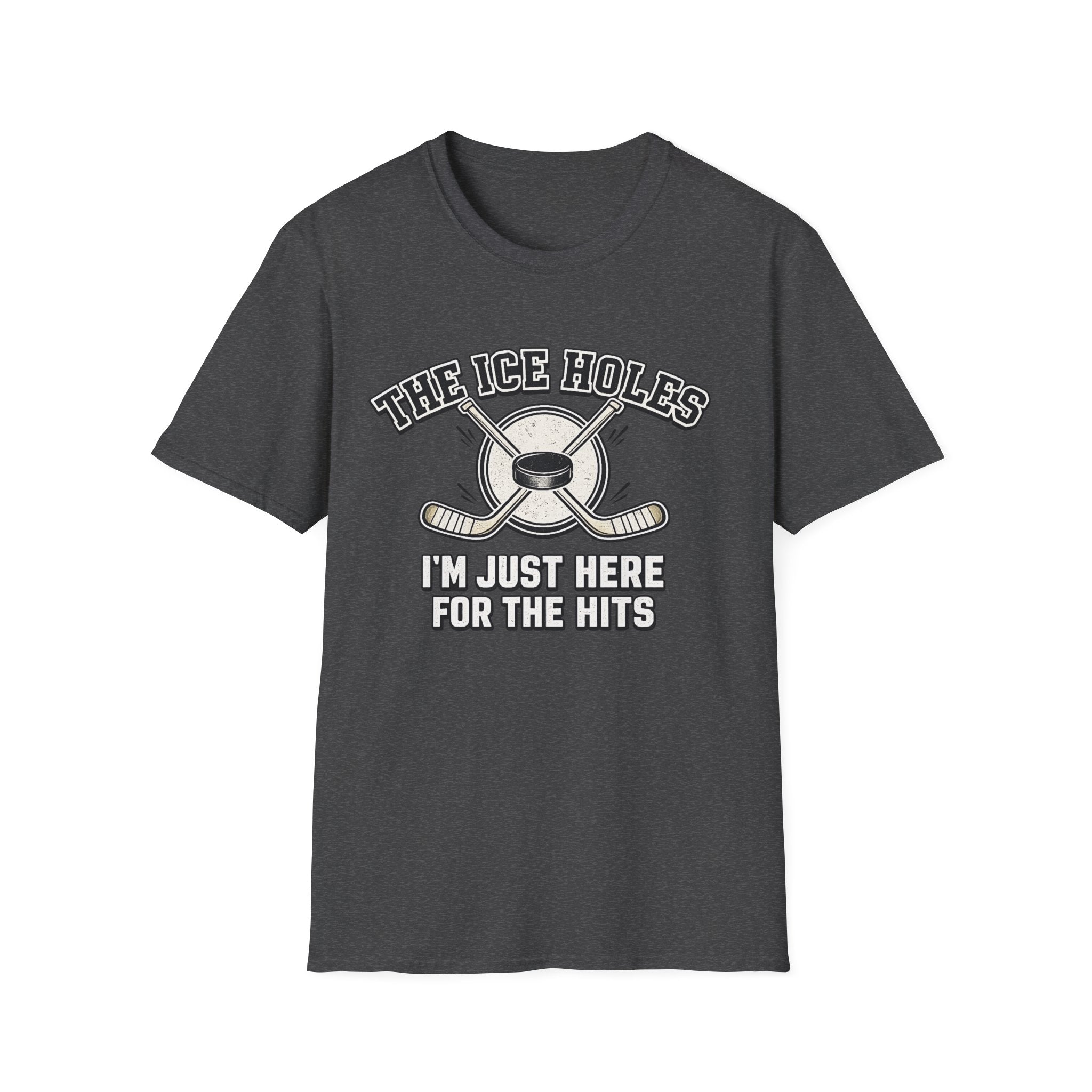 dark heather t-shirt with white graphic and text on a white background