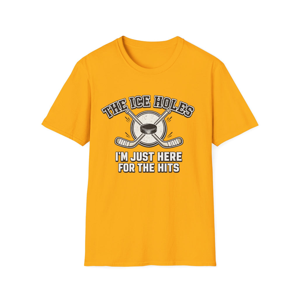 Yellow t-shirt with hockey graphic and text on a white background