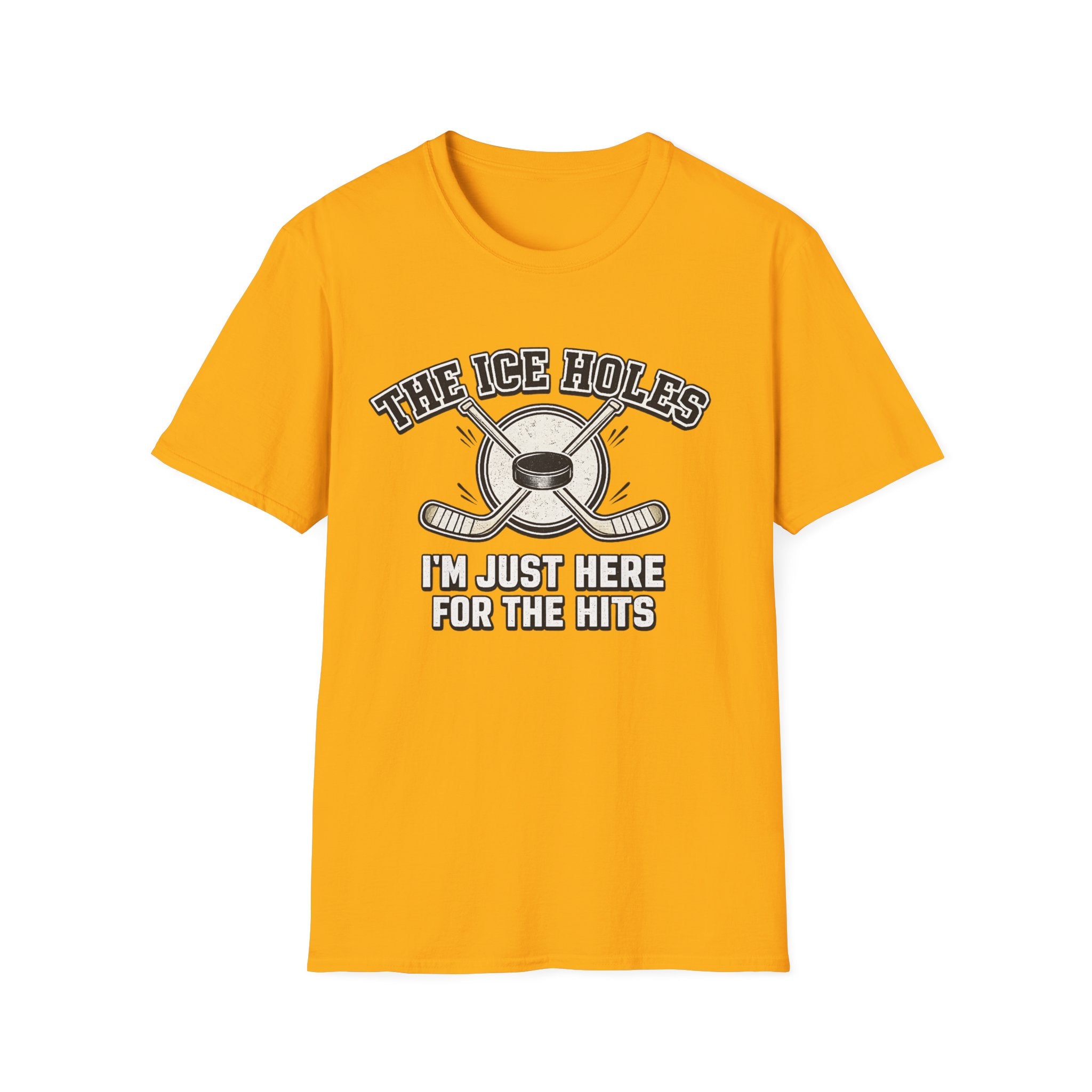 Yellow t-shirt with hockey graphic and text on a white background