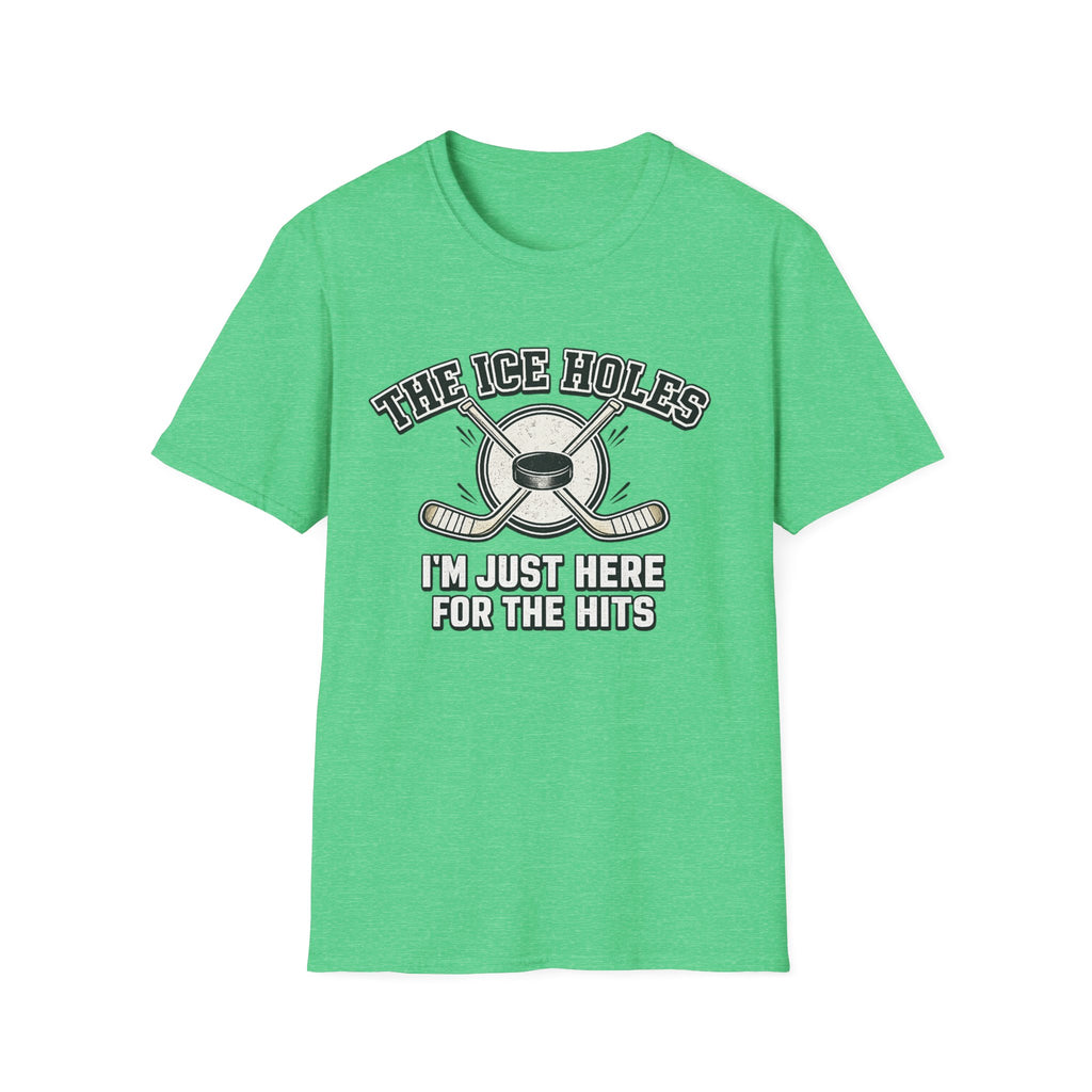 Sarcastic hockey graphic T-shirt featuring crossed sticks, puck artwork, and “I’m just here for the hits” text. A heather Irish green unisex tee for hockey fans and rink humour.