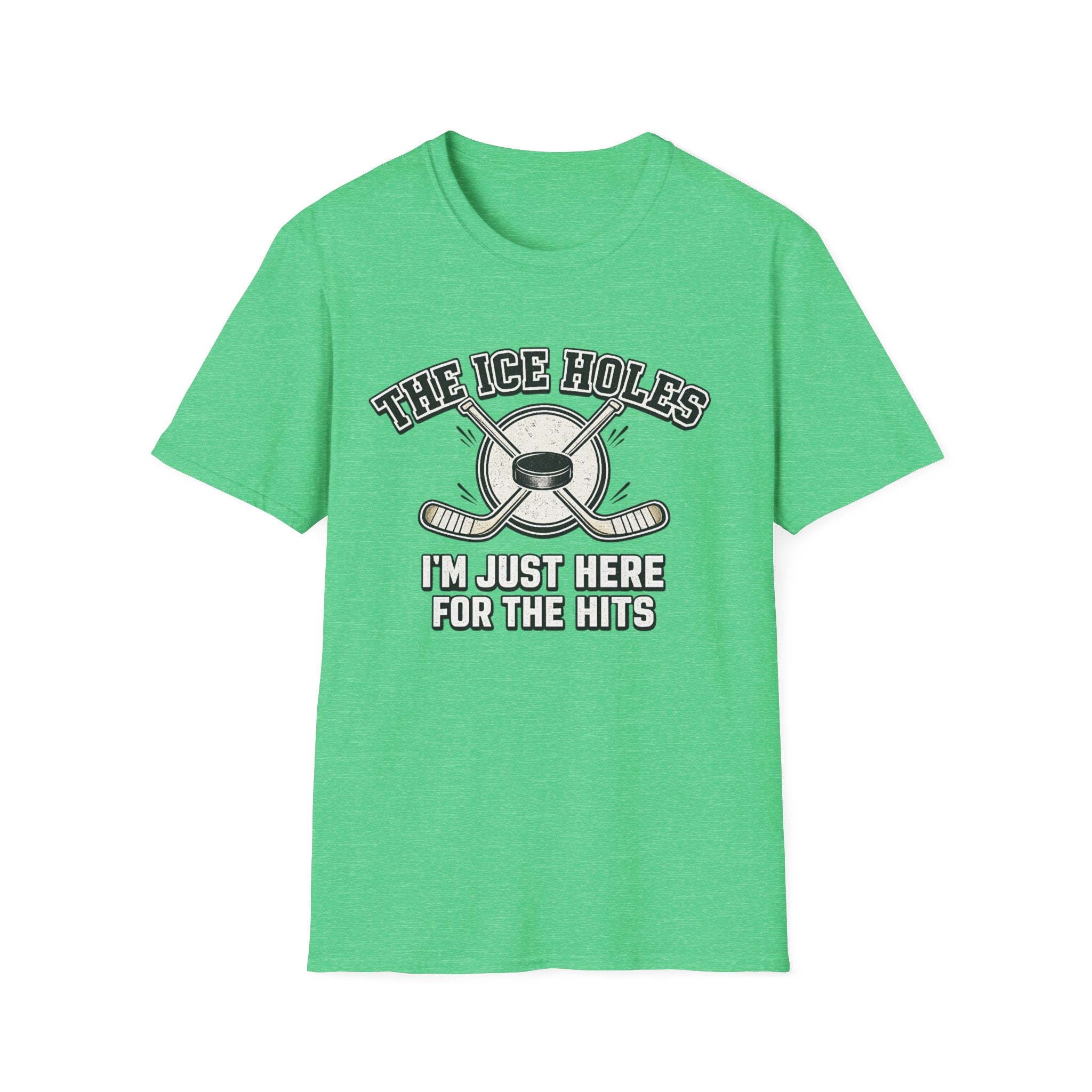Sarcastic hockey graphic T-shirt featuring crossed sticks, puck artwork, and “I’m just here for the hits” text. A heather Irish green unisex tee for hockey fans and rink humour.