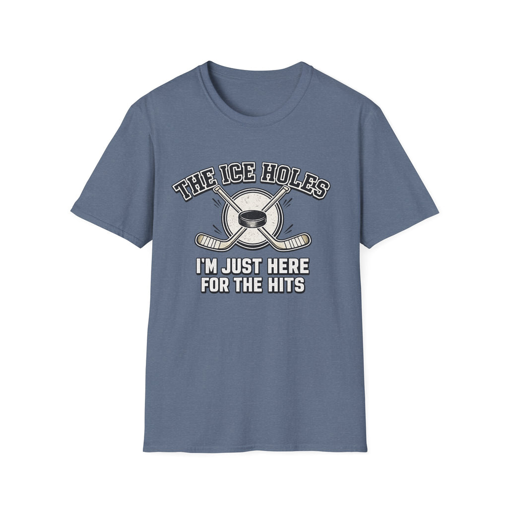 Sarcastic hockey graphic T-shirt featuring crossed sticks, puck artwork, and “I’m just here for the hits” text. A heather indigo unisex tee for hockey fans and rink humour.