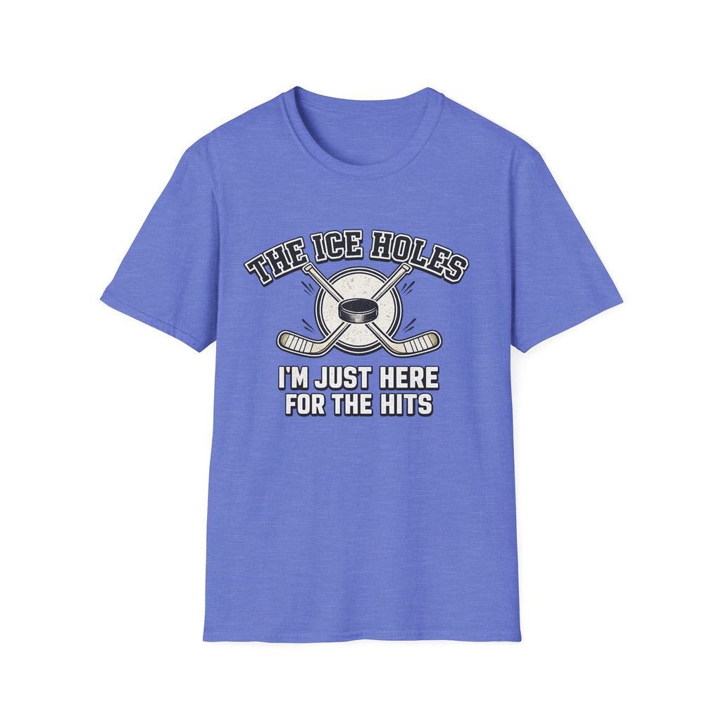 heather royal t-shirt with hockey-themed graphic and text on a white background