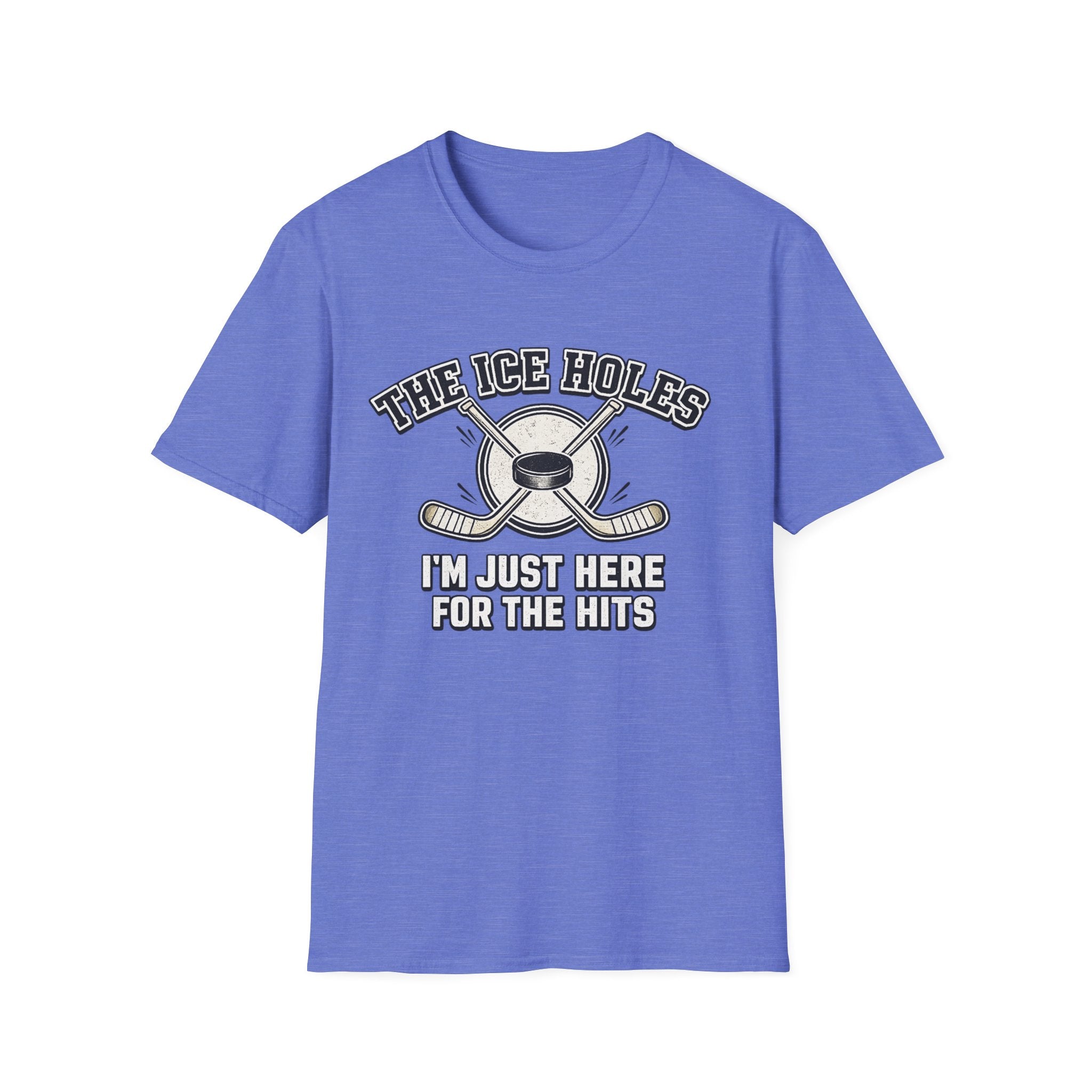 heather royal t-shirt with hockey-themed graphic and text on a white background