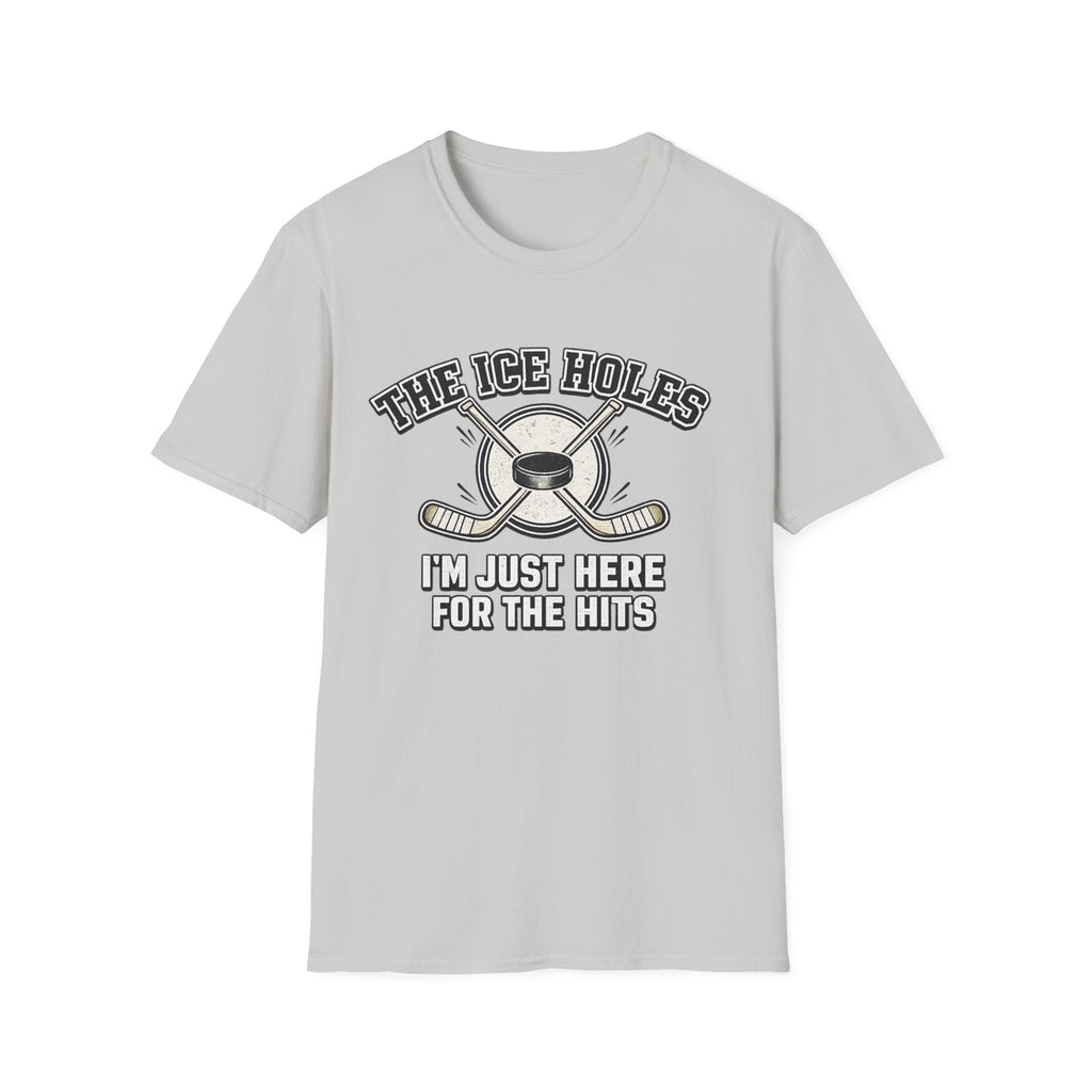 ice grey t-shirt with hockey-themed graphic and text on a white background