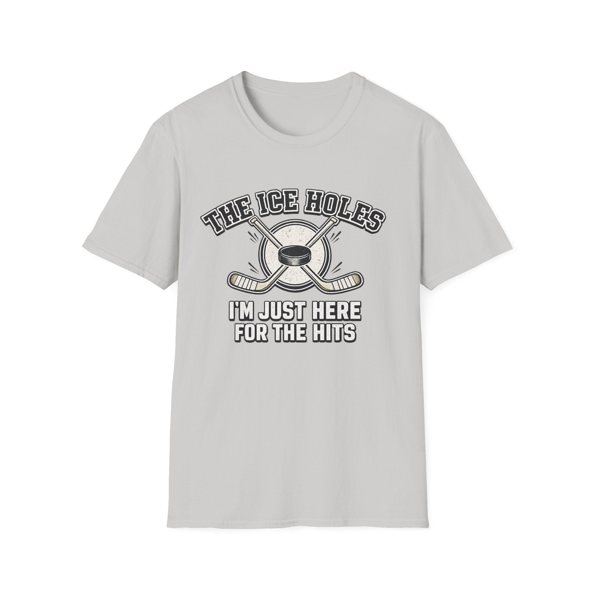 ice grey t-shirt with hockey-themed graphic and text on a white background