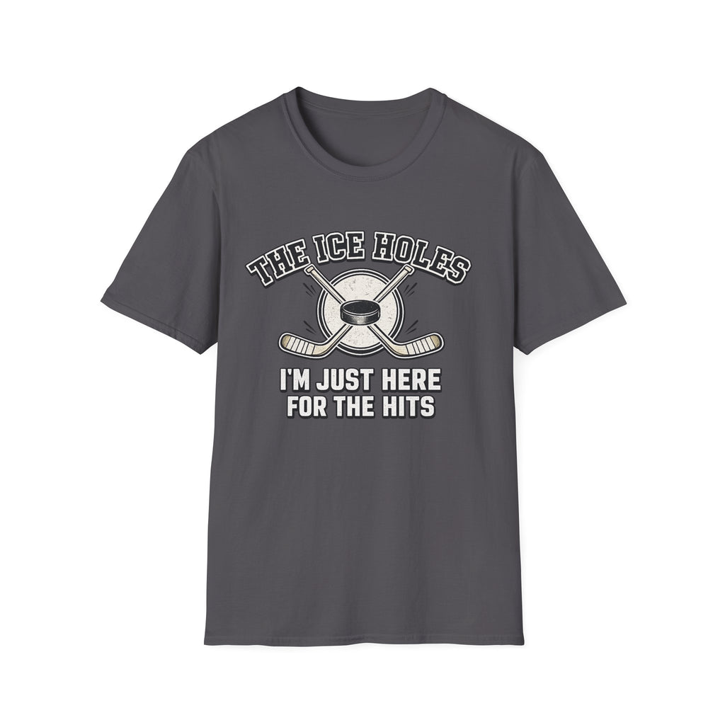 Sarcastic hockey graphic T-shirt featuring crossed sticks, puck artwork, and “I’m just here for the hits” text. A sport grey unisex tee for hockey fans and rink humour.