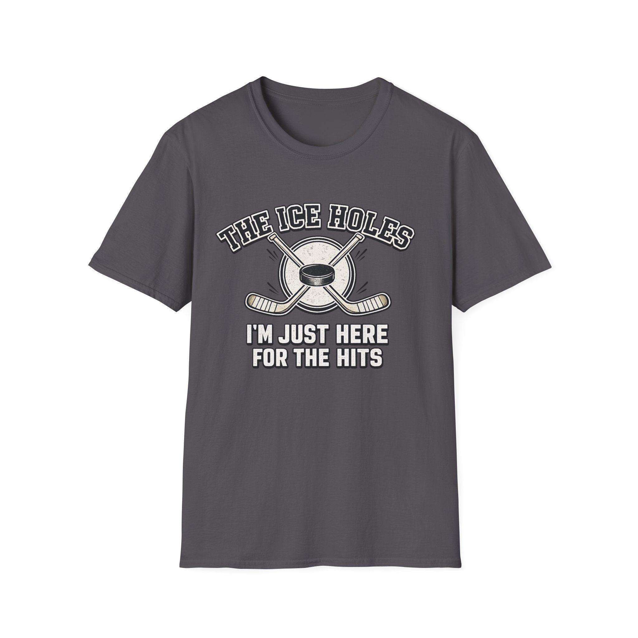 Sarcastic hockey graphic T-shirt featuring crossed sticks, puck artwork, and “I’m just here for the hits” text. A sport grey unisex tee for hockey fans and rink humour.