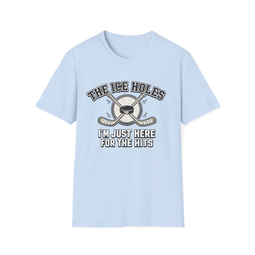 Sarcastic hockey graphic T-shirt featuring crossed sticks, puck artwork, and “I’m just here for the hits” text. A sport grey unisex tee for hockey fans and rink humour.