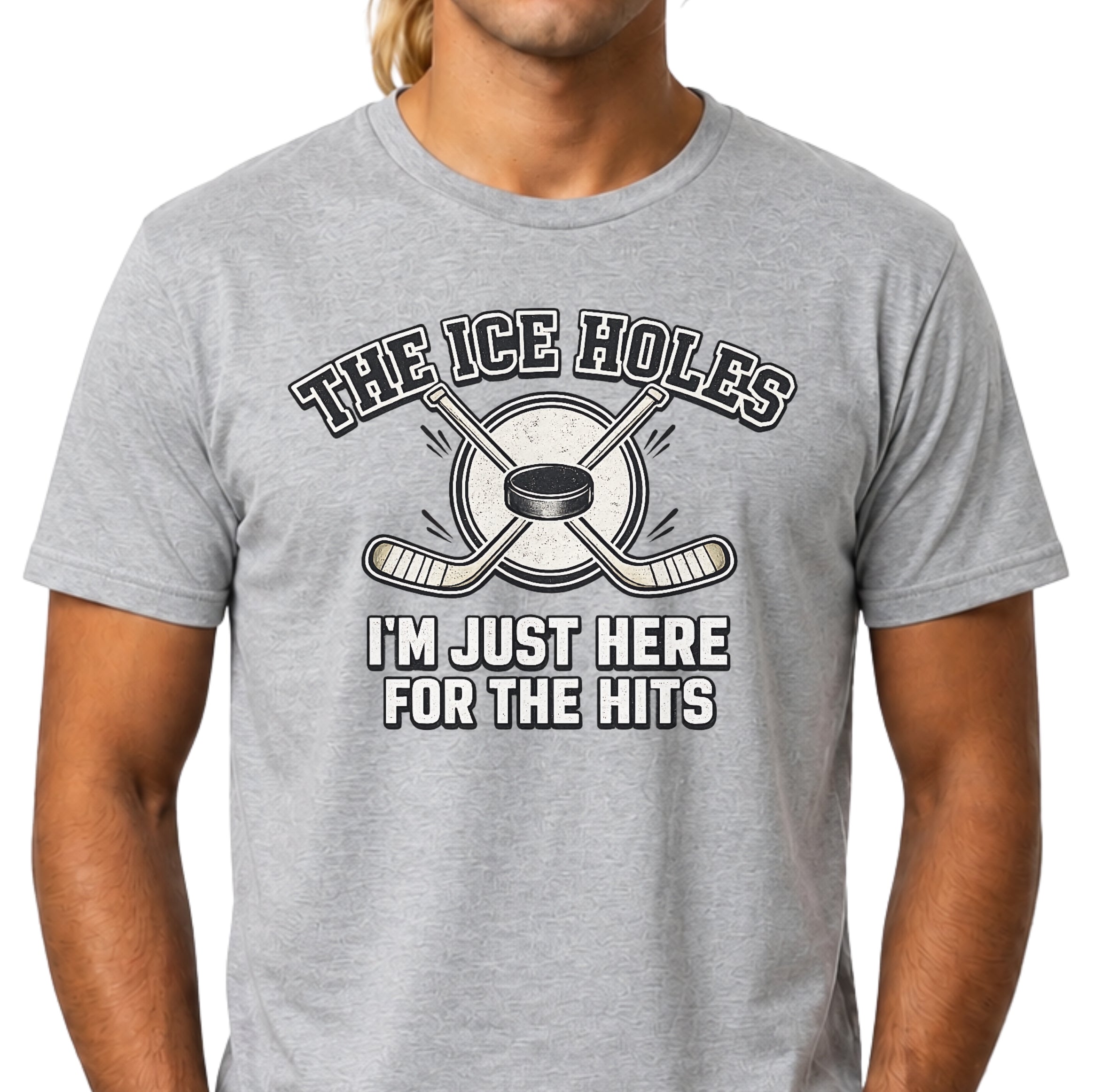 Gray t-shirt with hockey-themed graphic and text on a white background
