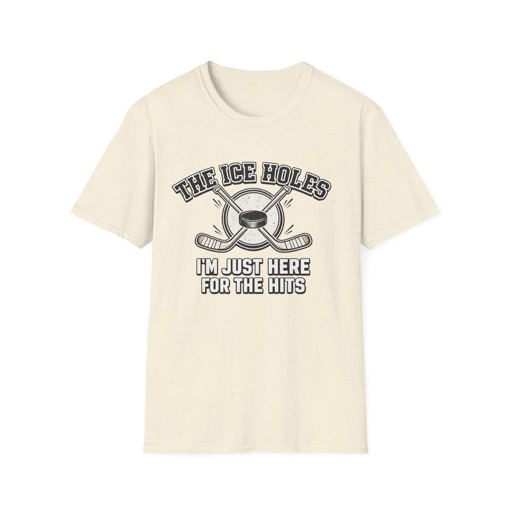 Sarcastic hockey graphic T-shirt featuring crossed sticks, puck artwork, and “I’m just here for the hits” text. A natural beige unisex tee for hockey fans and rink humour.