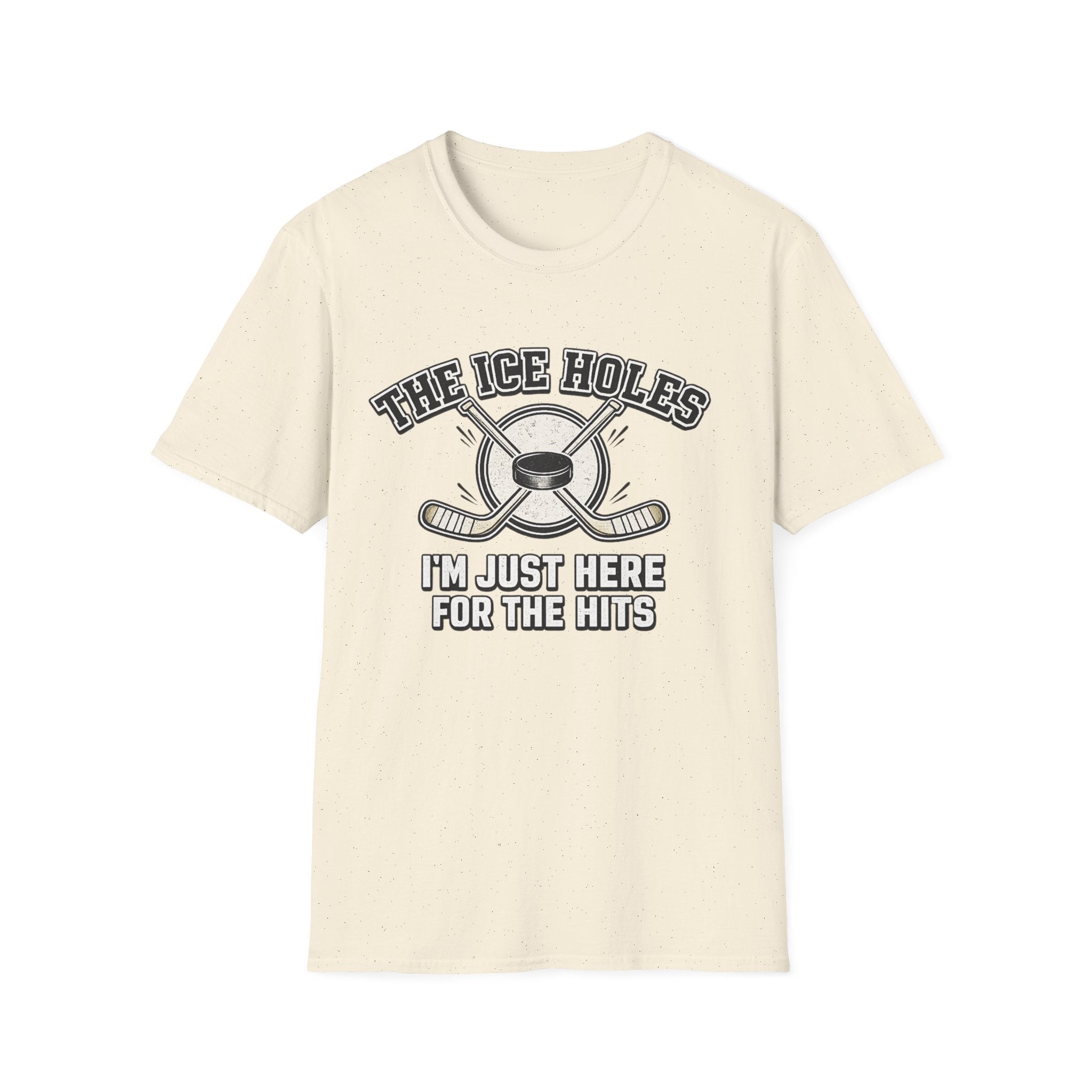 Sarcastic hockey graphic T-shirt featuring crossed sticks, puck artwork, and “I’m just here for the hits” text. A natural beige unisex tee for hockey fans and rink humour.
