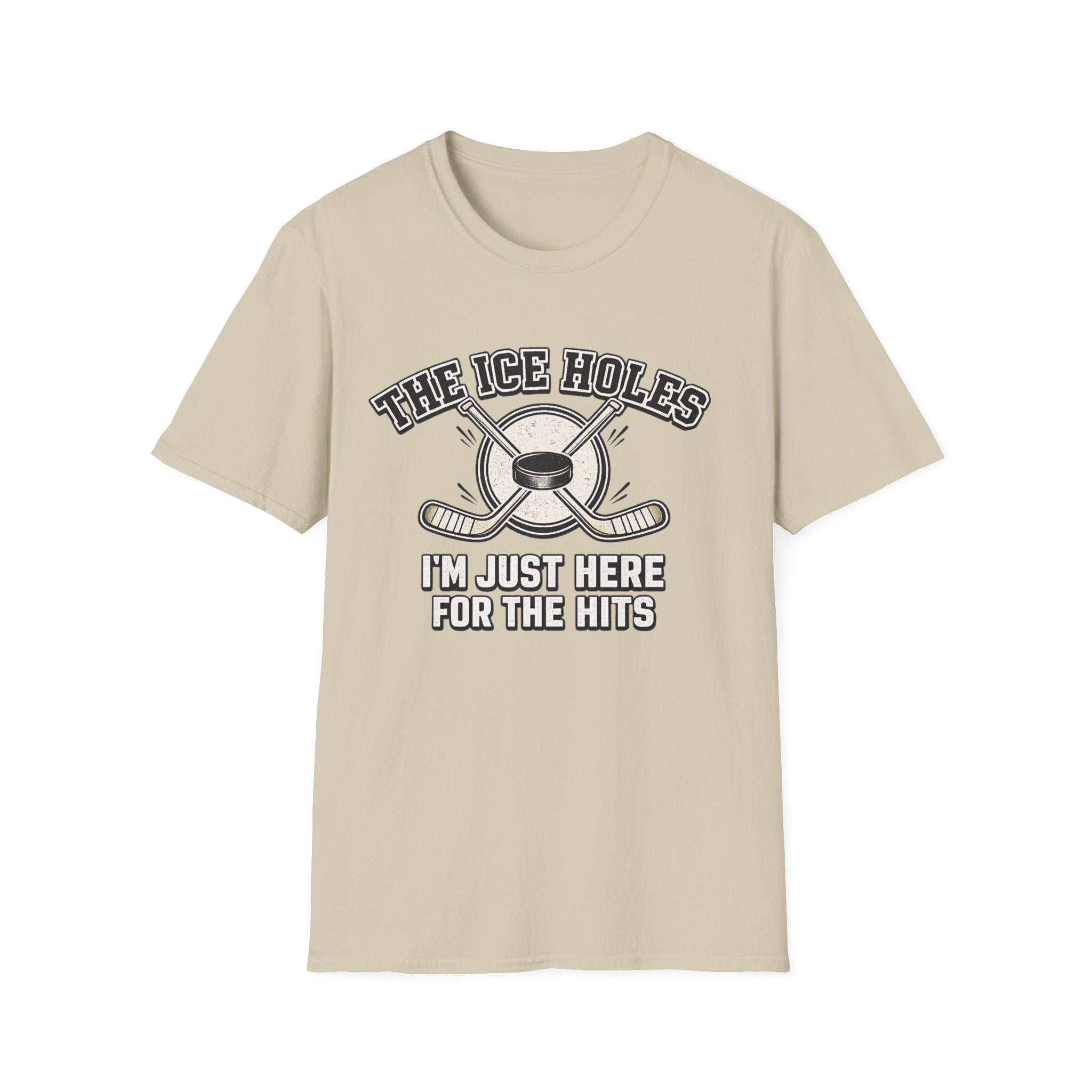 Beige t-shirt with hockey-themed graphic and text on a white background