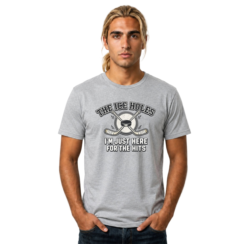 Man wearing a gray t-shirt with humorous graphic and text on a white background