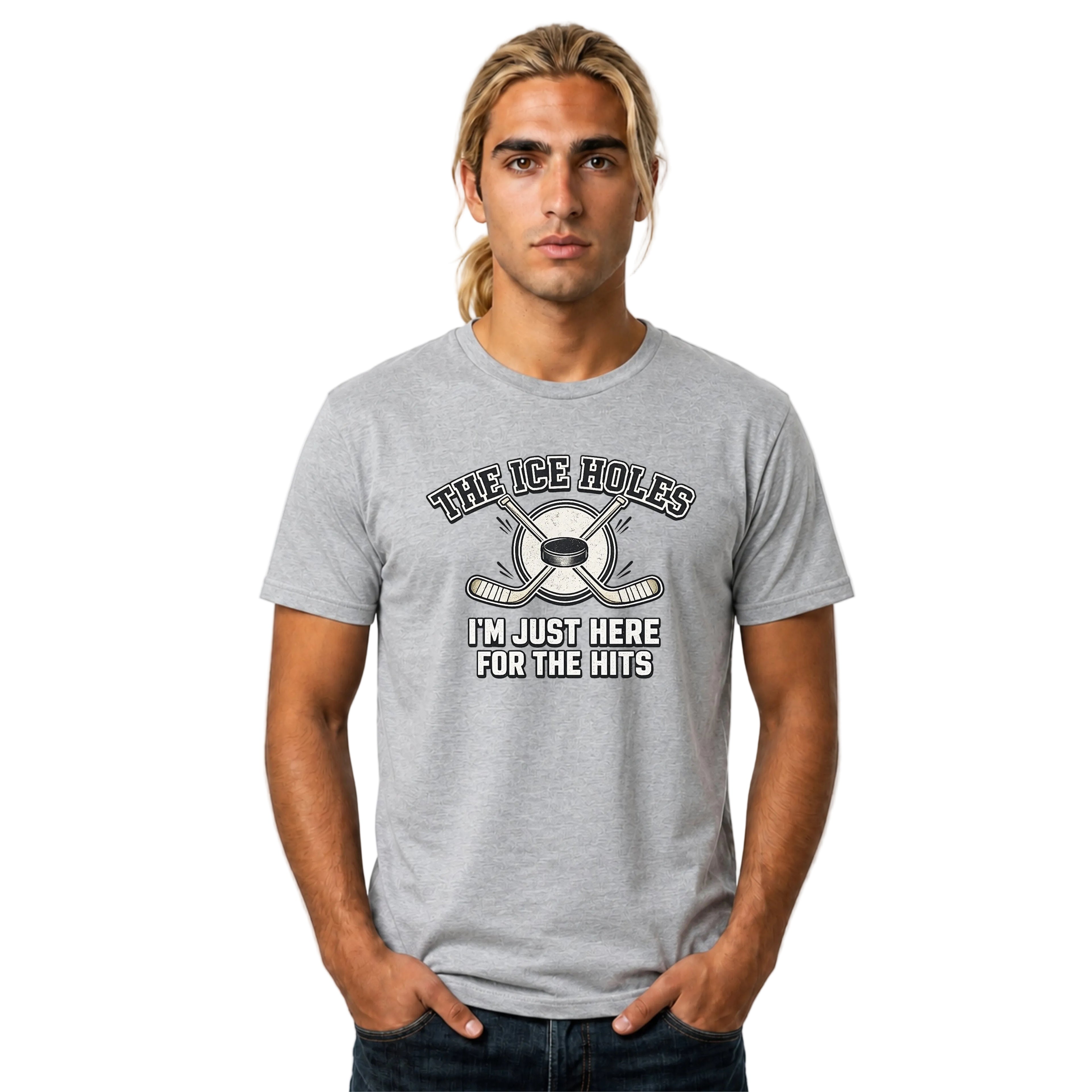 Man wearing a gray t-shirt with humorous graphic and text on a white background
