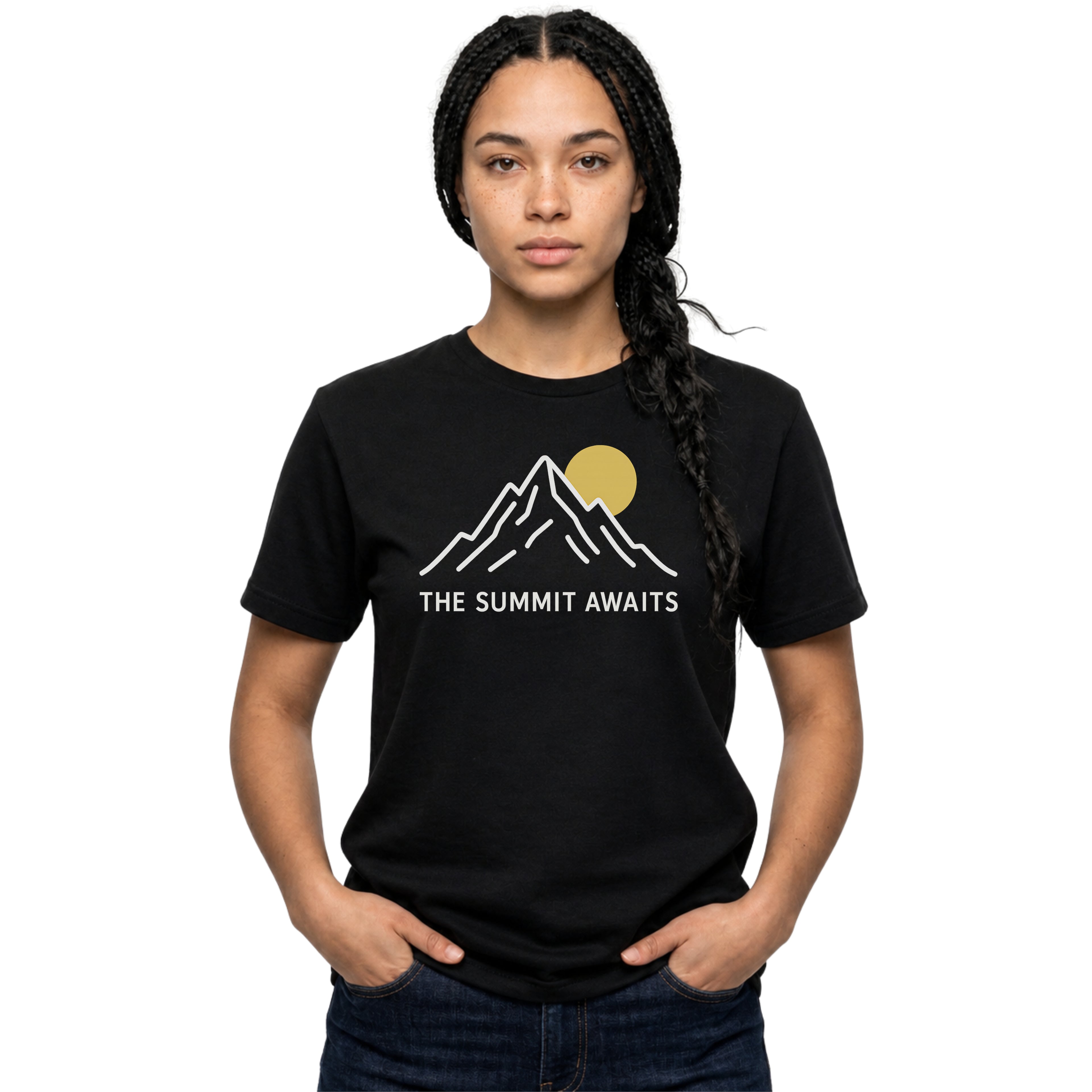 The Summit Awaits mountain graphic T-shirt with minimalist white line art and sun accent on black. An outdoor adventure tee for hikers, campers, and nature lovers.