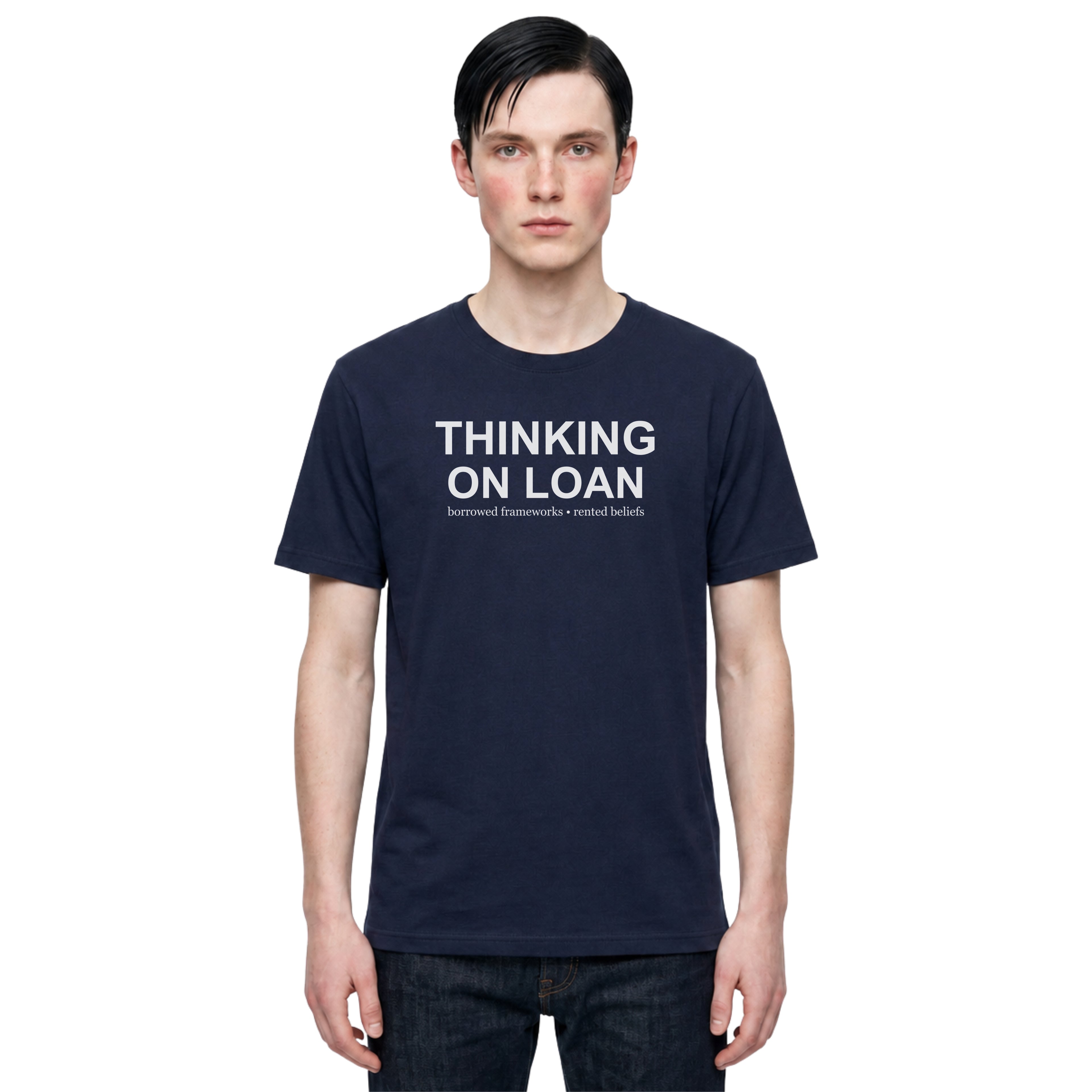 Person wearing a navy blue t-shirt with 'THINKING ON LOAN' text on a white background