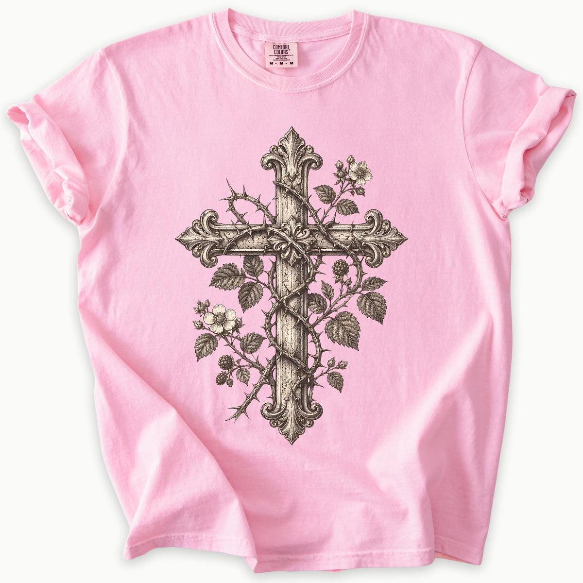 Thorns And Roses T-Shirt in Blossom (soft pink) — Cross T-Shirt, Botanical Cross, Comfort Colors 1717 unisex christian faith tee