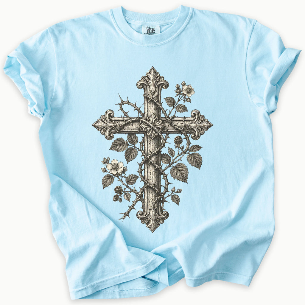 Thorns And Roses T-Shirt in Chambray (light blue) — Cross T-Shirt, Botanical Cross, Comfort Colors 1717 unisex christian faith tee
