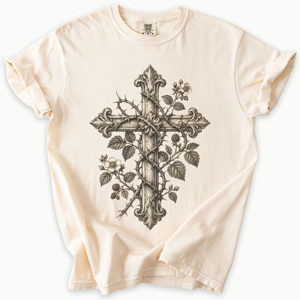 Thorns And Roses T-Shirt in Ivory (warm cream) — Cross T-Shirt, Botanical Cross, Comfort Colors 1717 unisex christian faith tee