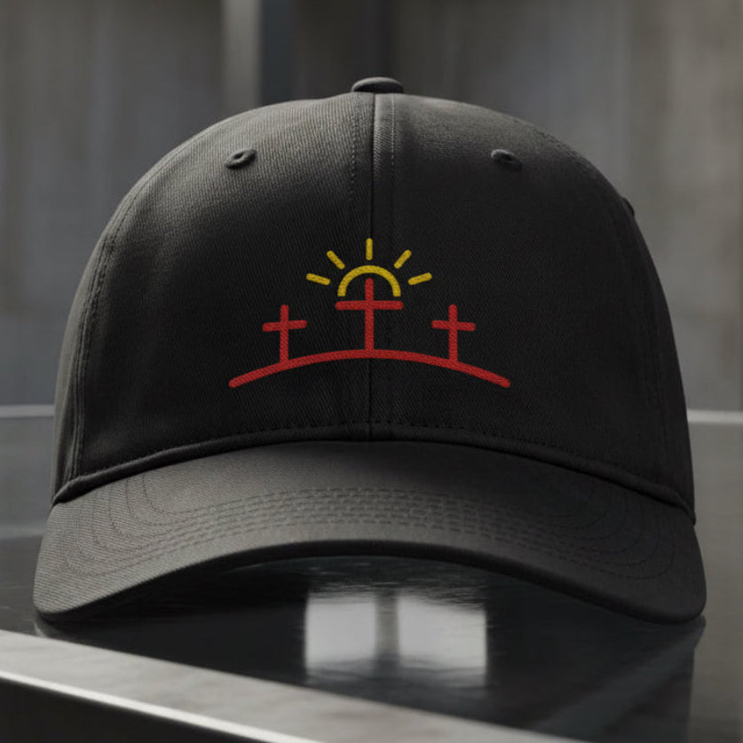 Three Crosses Sunrise Cap in Black — three crosses, sunrise, Comfort Colors CCWC0 washed christian cap