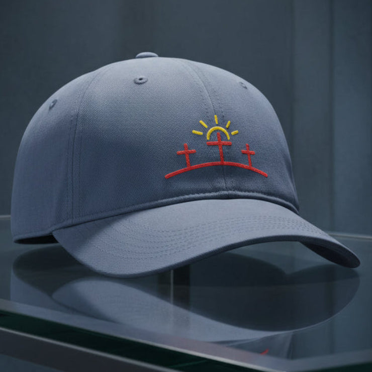 Three Crosses Sunrise Cap in Blue Jean (slate blue) — three crosses, sunrise, Comfort Colors CCWC0 washed christian cap