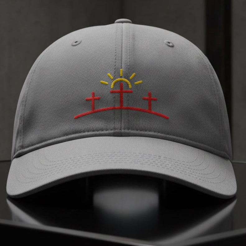 Three Crosses Sunrise Cap in Granite (grey) — three crosses, sunrise, Comfort Colors CCWC0 washed christian cap
