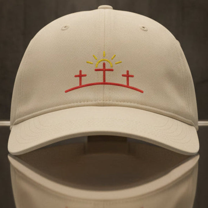 Three Crosses Sunrise Cap in Ivory (cream) — three crosses, sunrise, Comfort Colors CCWC0 washed christian cap